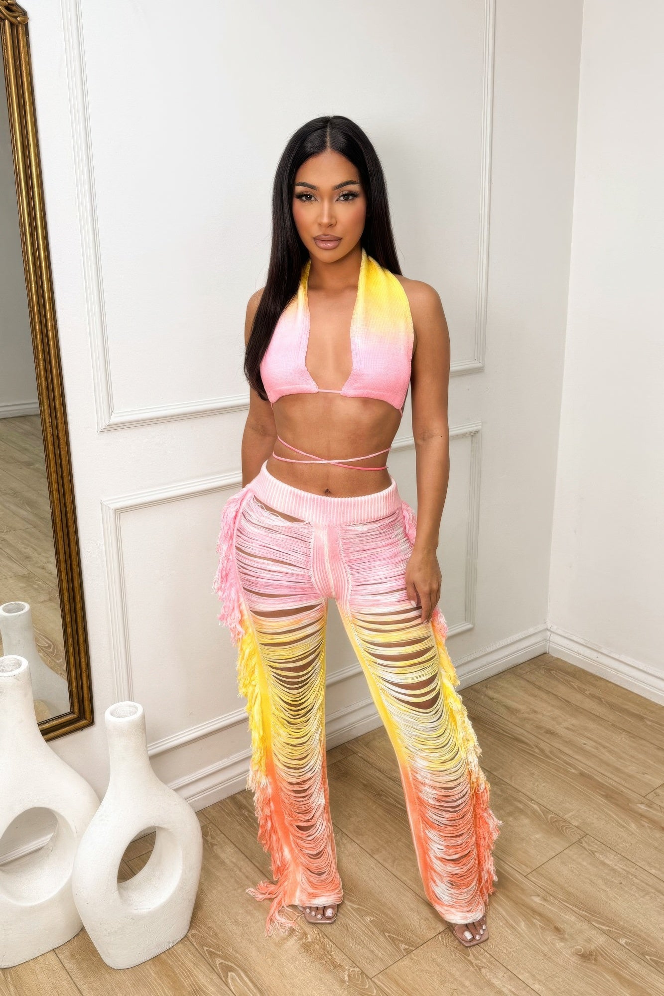 Ombre Fringe Destroyed Pants Set       