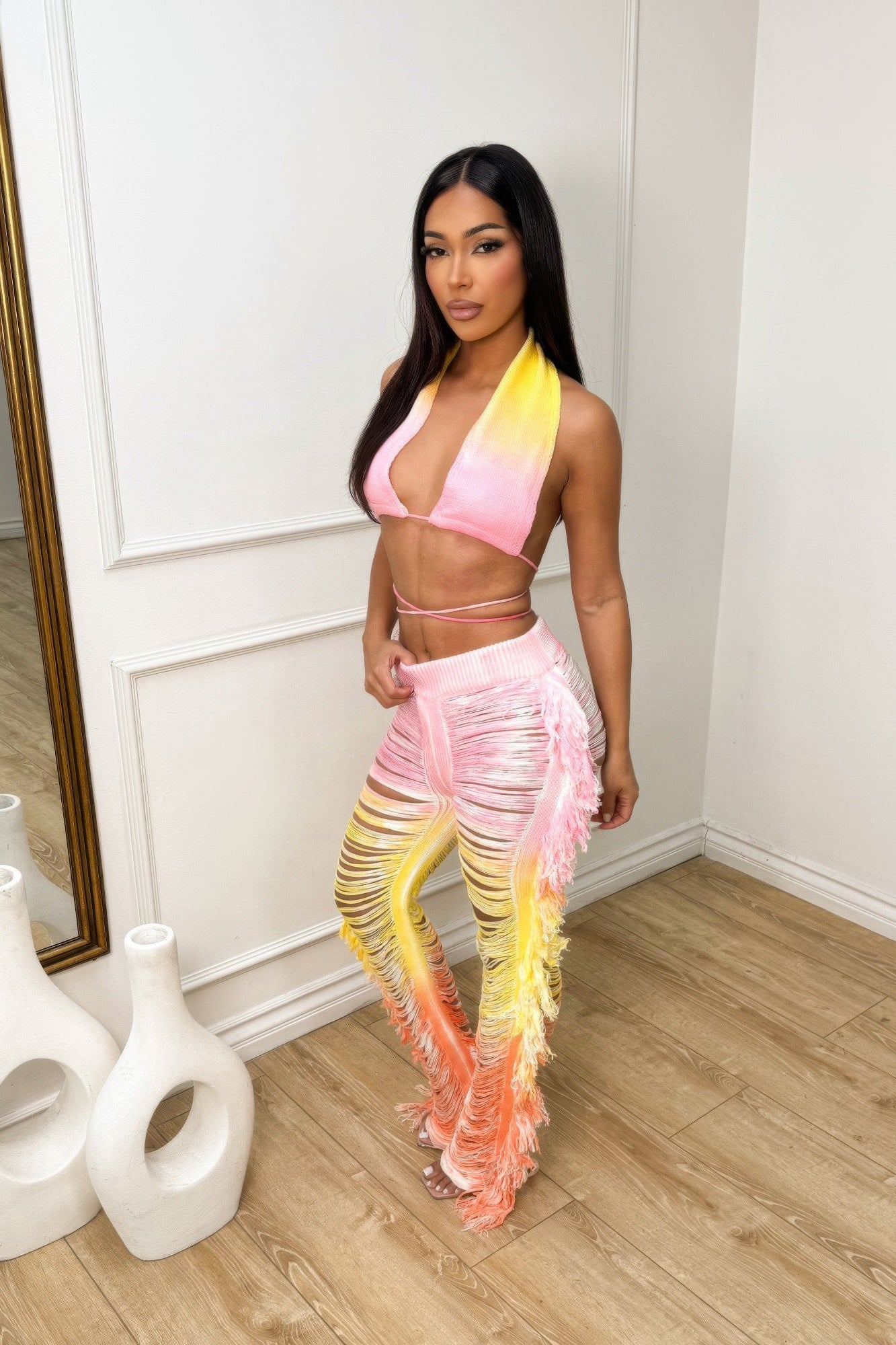Ombre Fringe Destroyed Pants Set       