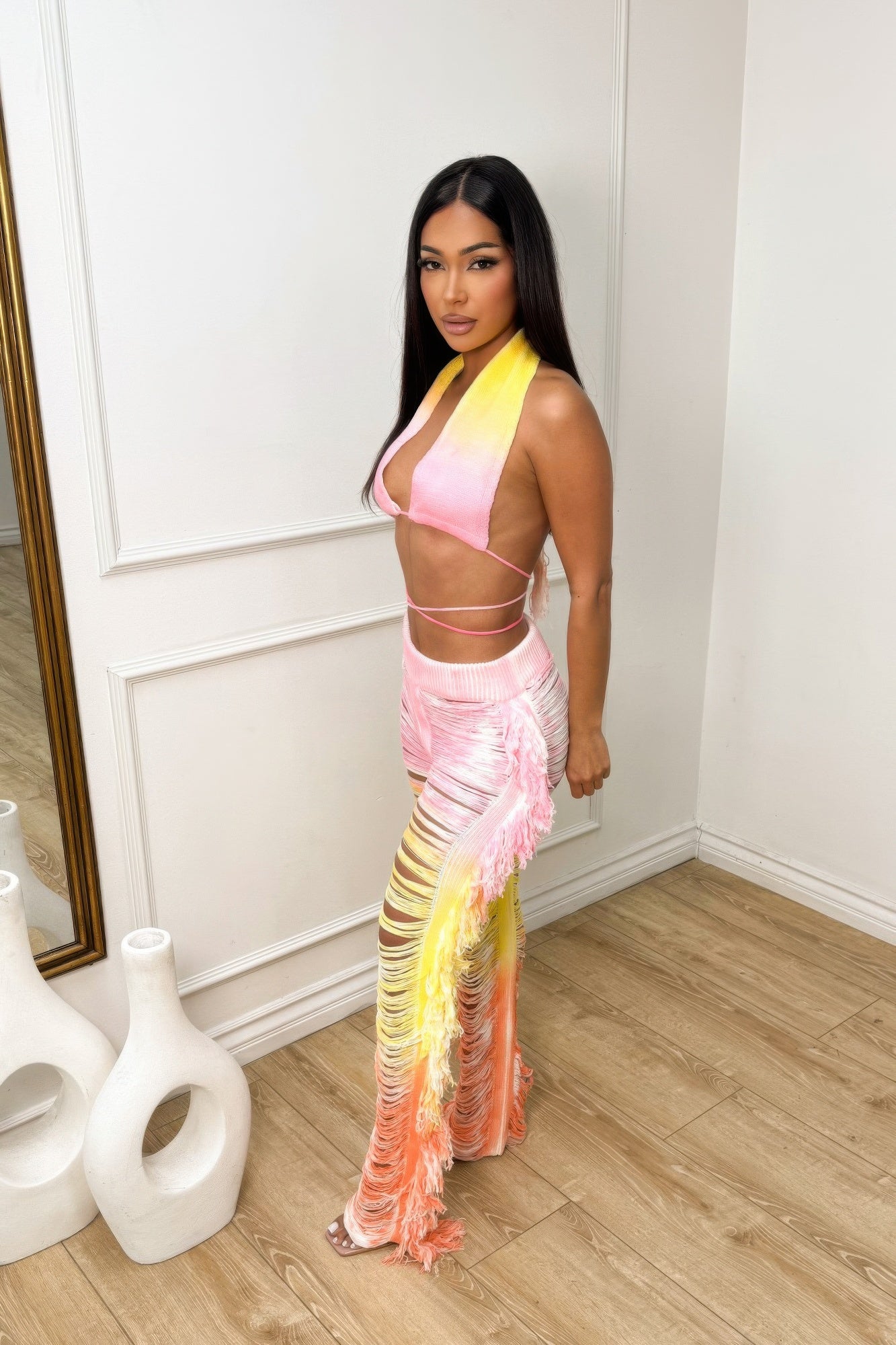 Ombre Fringe Destroyed Pants Set       