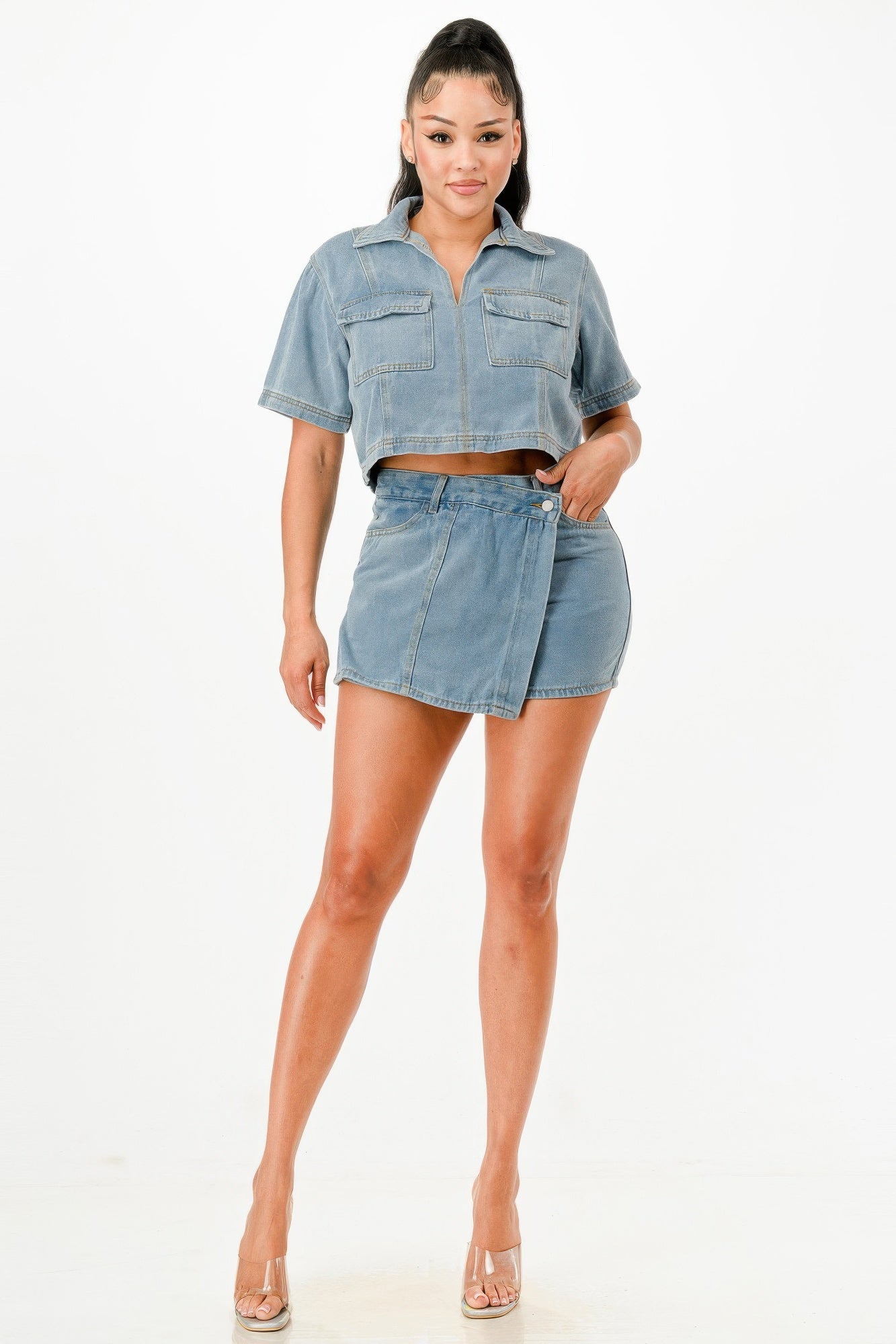 Cropped Denim Shirt And Skort Set          