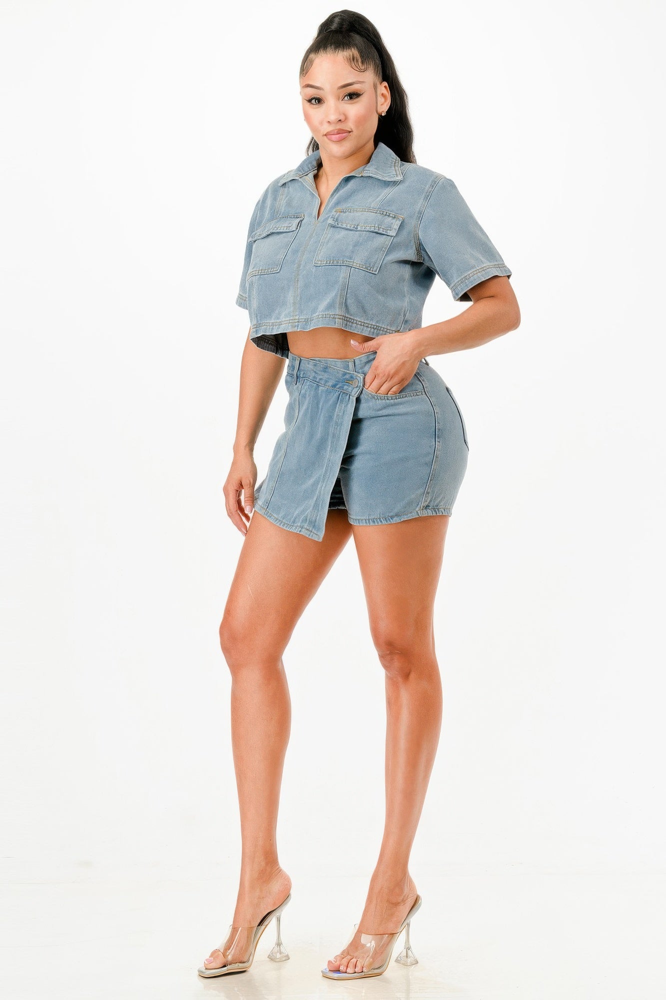Cropped Denim Shirt And Skort Set          
