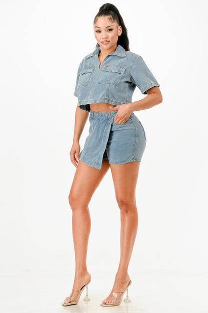 Cropped Denim Shirt And Skort Set          