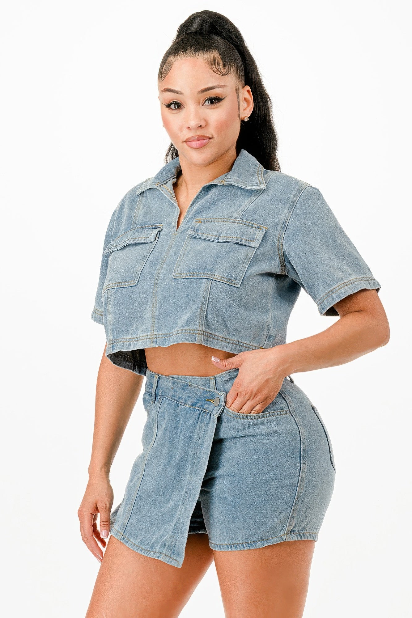 Cropped Denim Shirt And Skort Set          