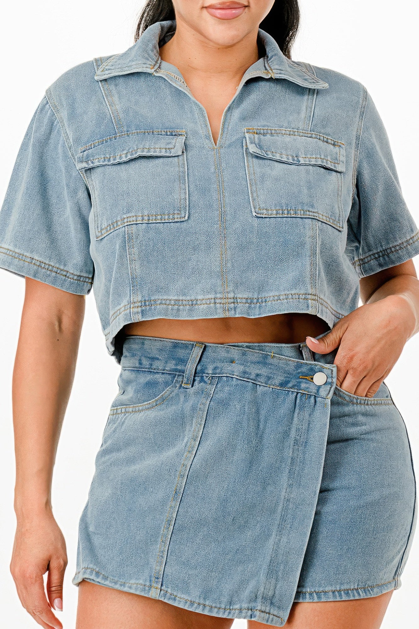 Cropped Denim Shirt And Skort Set          