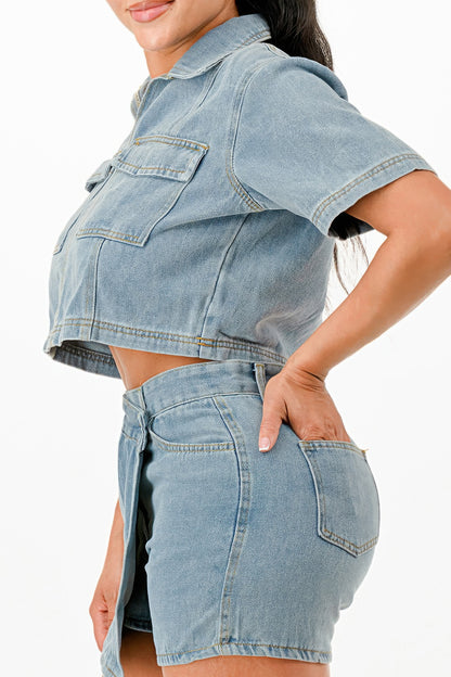 Cropped Denim Shirt And Skort Set          