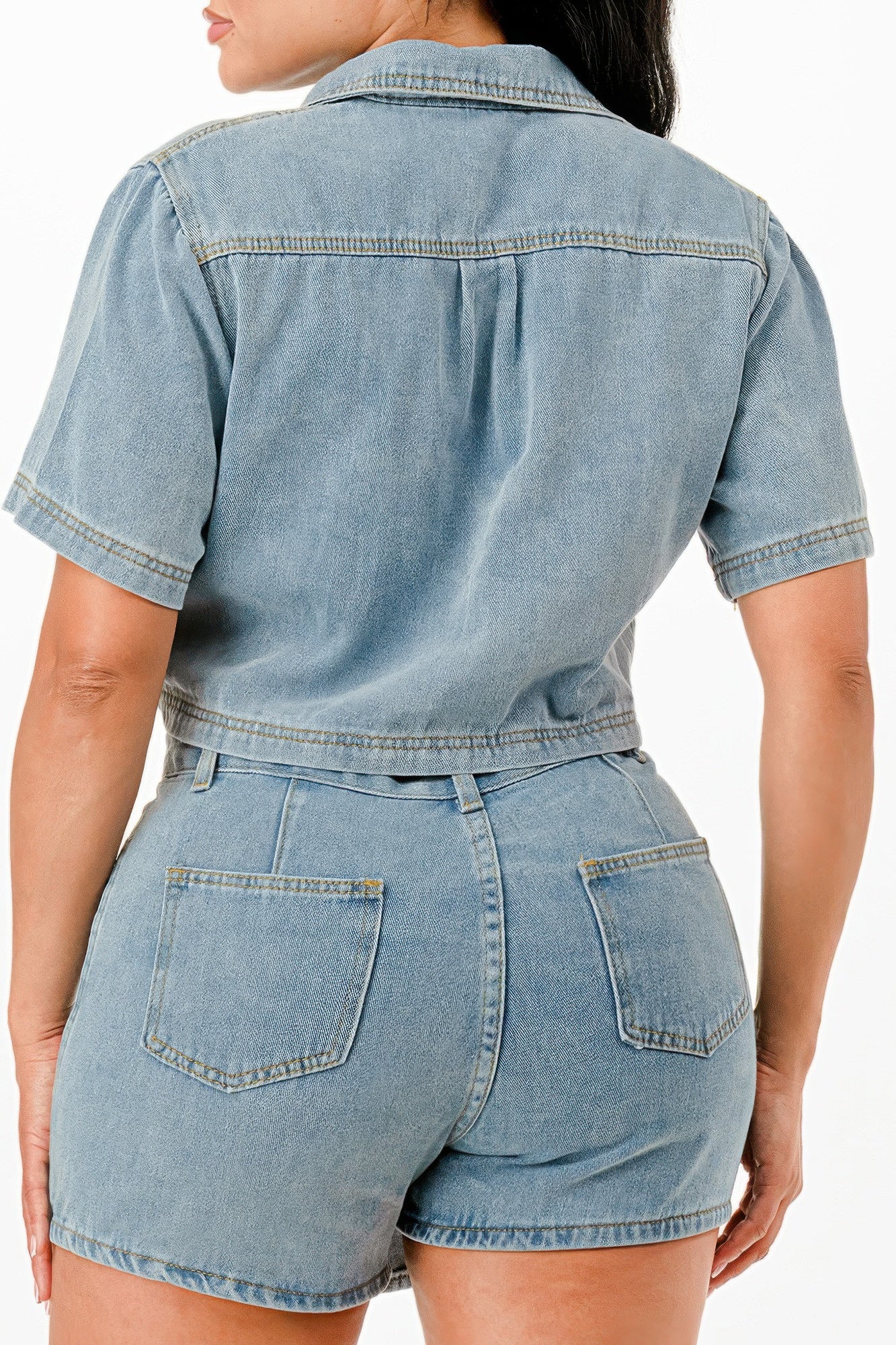 Cropped Denim Shirt And Skort Set          