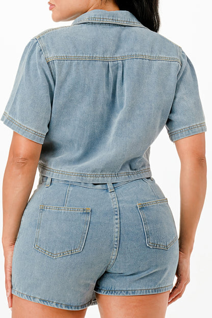 Cropped Denim Shirt And Skort Set          