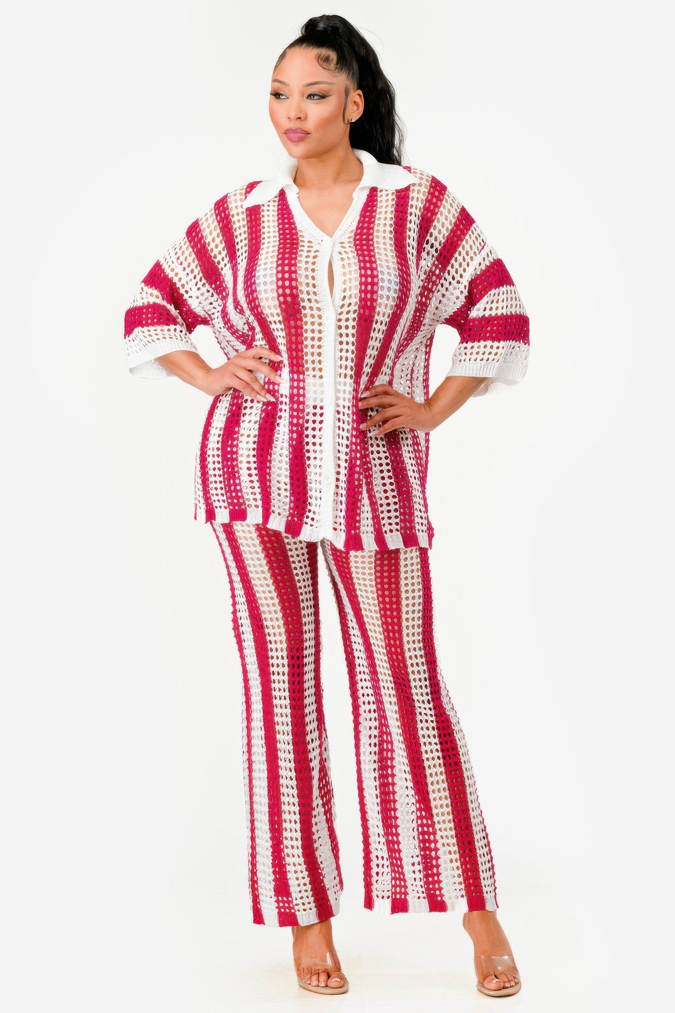Sheer Stripe Polo Knit Pants Set       