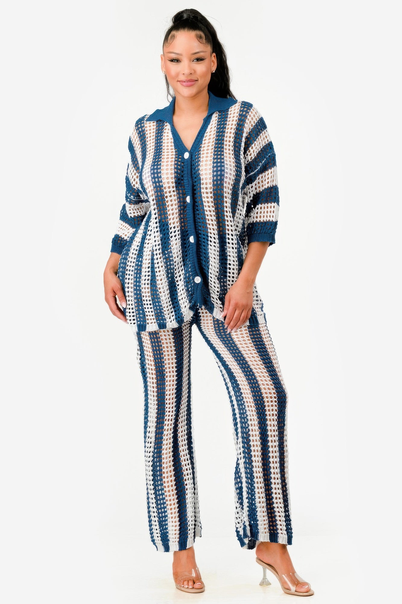 Sheer Stripe Polo Knit Pants Set       