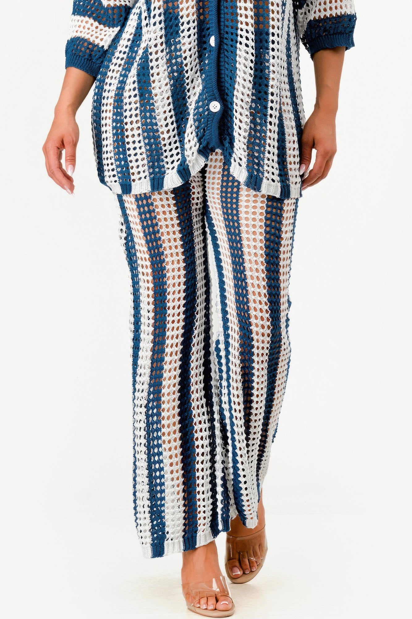 Sheer Stripe Polo Knit Pants Set       