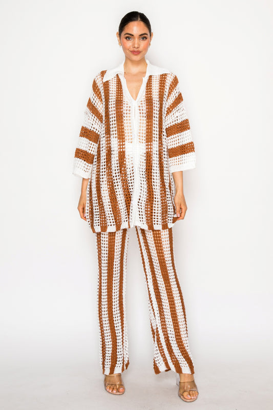Sheer Stripe Polo Knit Pants Set       