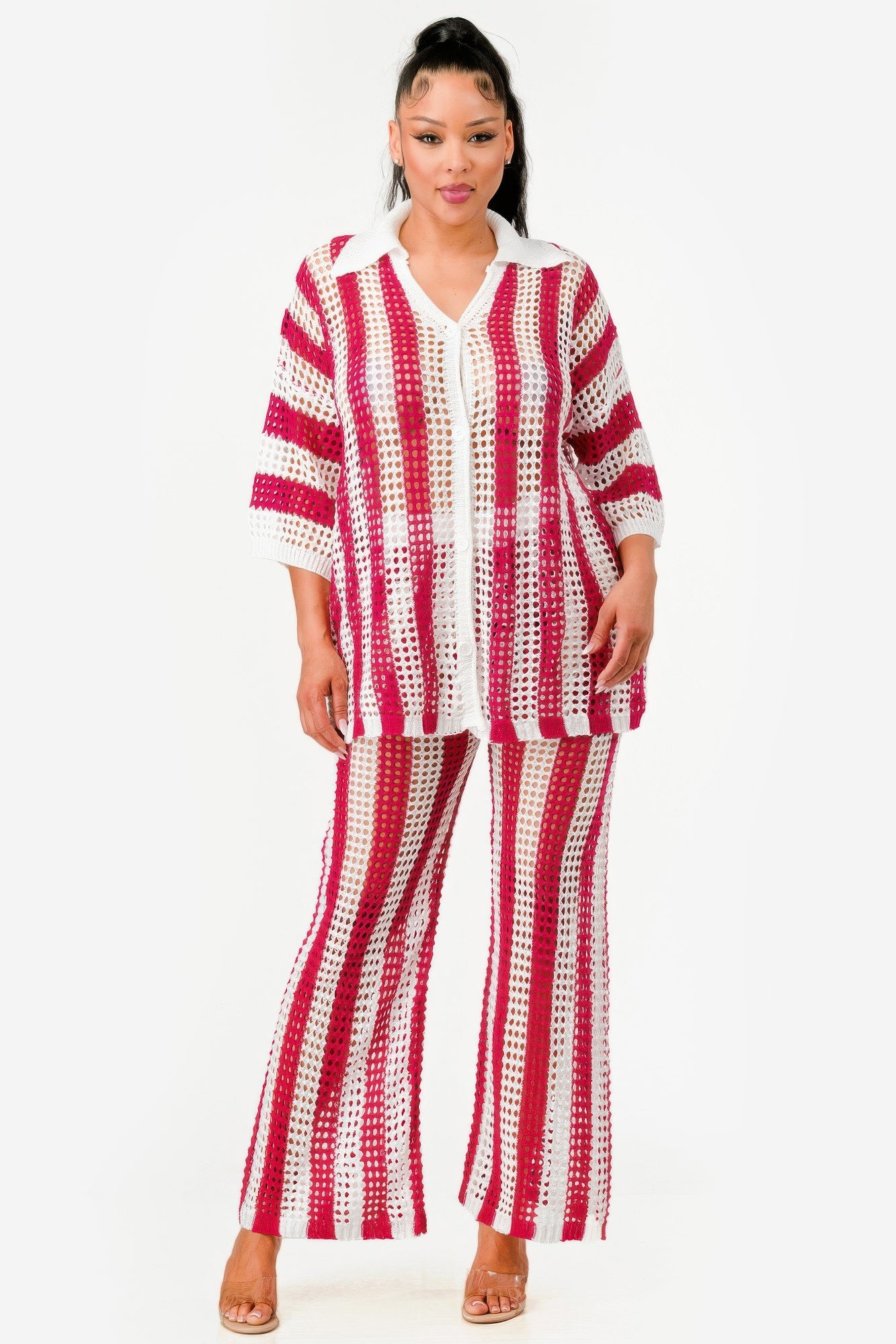 Sheer Stripe Polo Knit Pants Set       