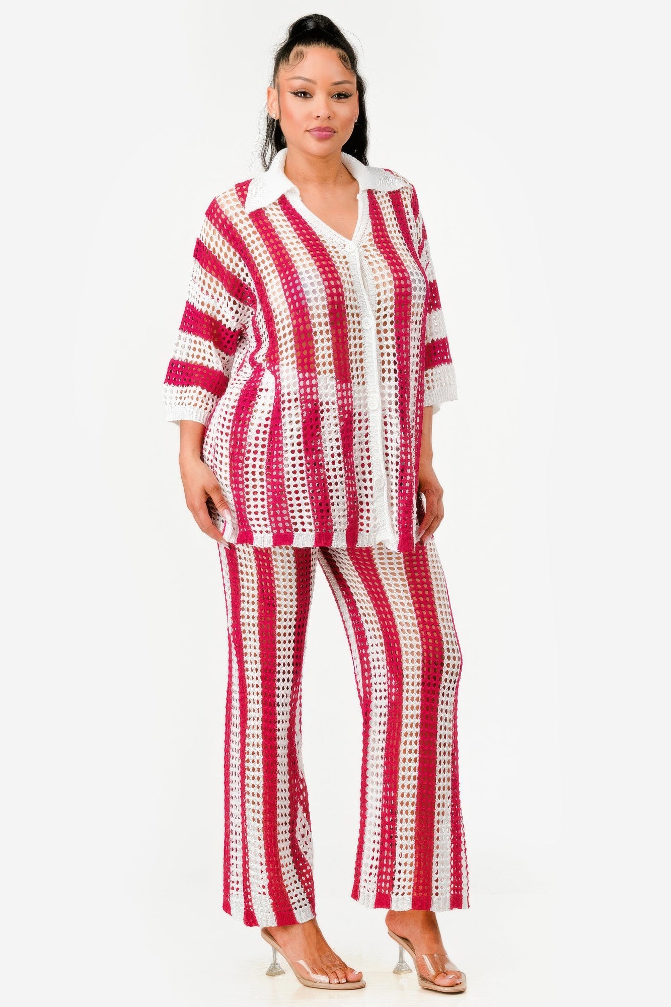 Sheer Stripe Polo Knit Pants Set       