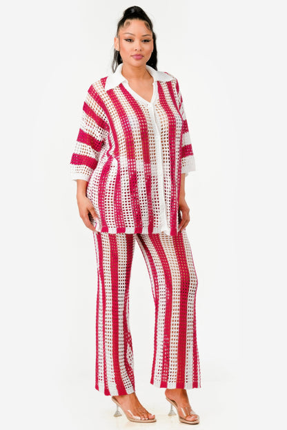 Sheer Stripe Polo Knit Pants Set       