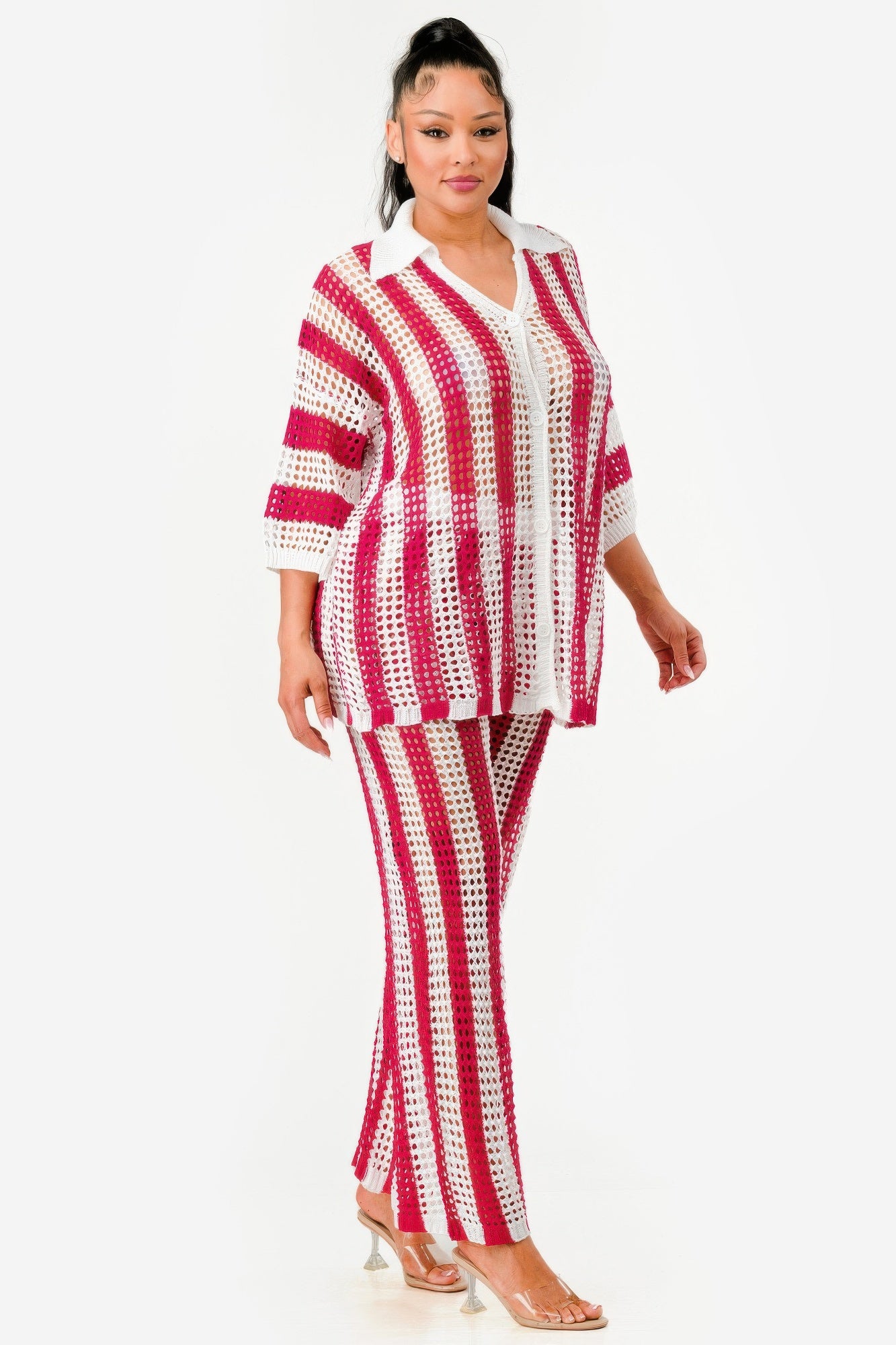 Sheer Stripe Polo Knit Pants Set       