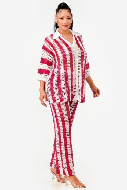 Sheer Stripe Polo Knit Pants Set       