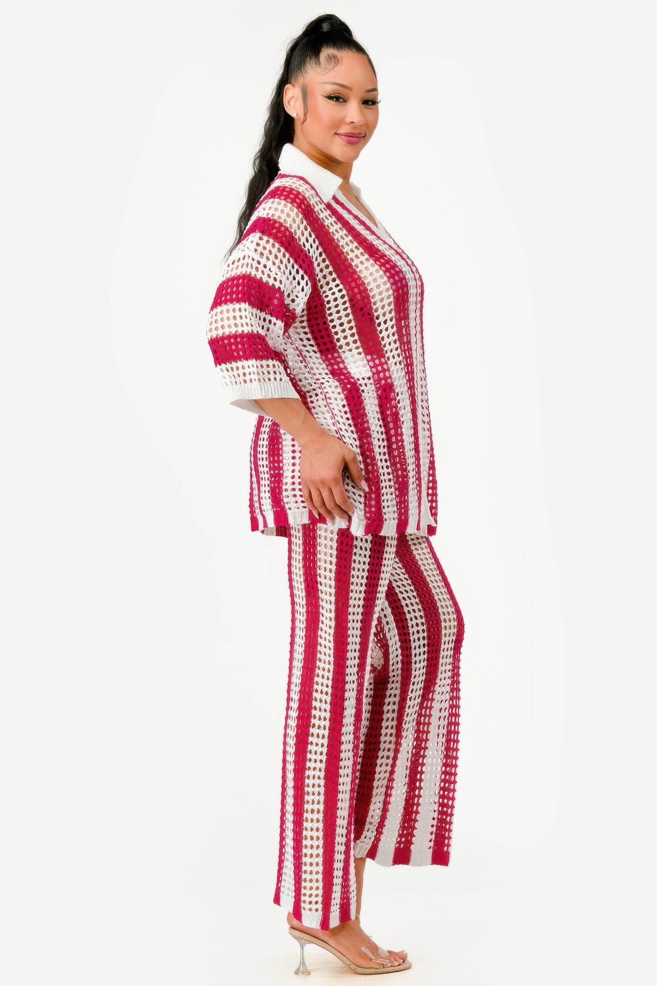 Sheer Stripe Polo Knit Pants Set       