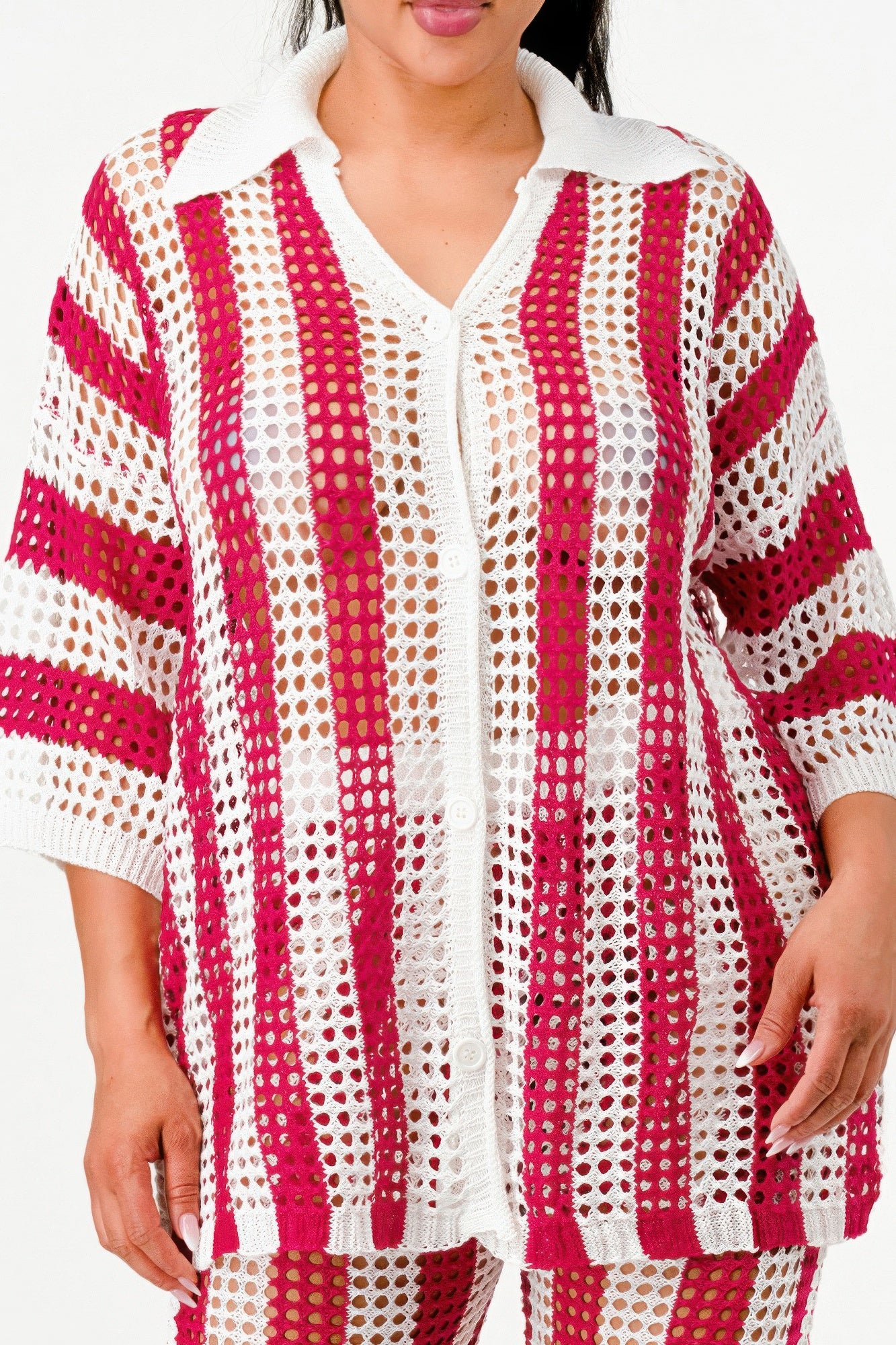 Sheer Stripe Polo Knit Pants Set       