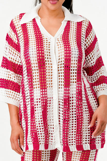 Sheer Stripe Polo Knit Pants Set       