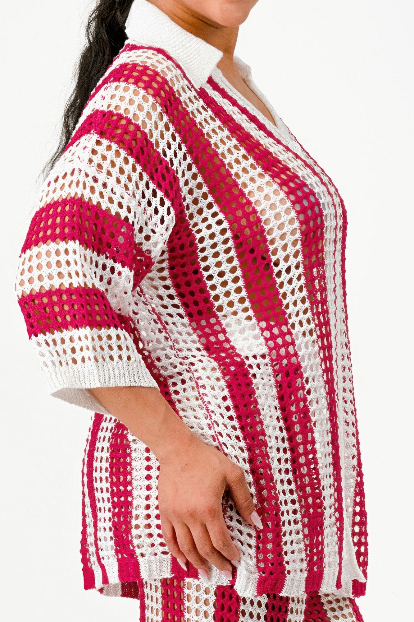 Sheer Stripe Polo Knit Pants Set       