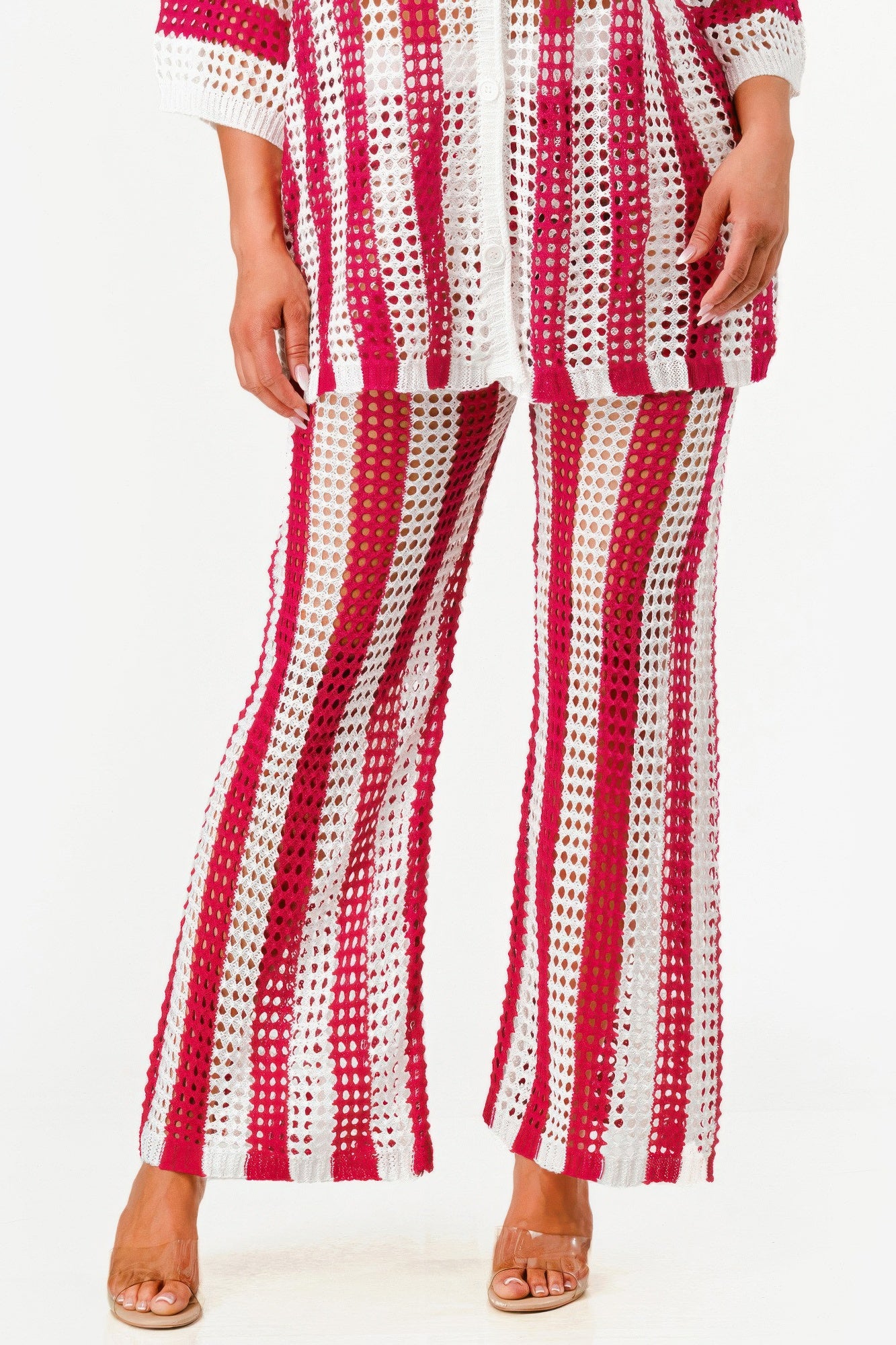 Sheer Stripe Polo Knit Pants Set       