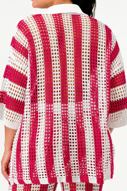 Sheer Stripe Polo Knit Pants Set       