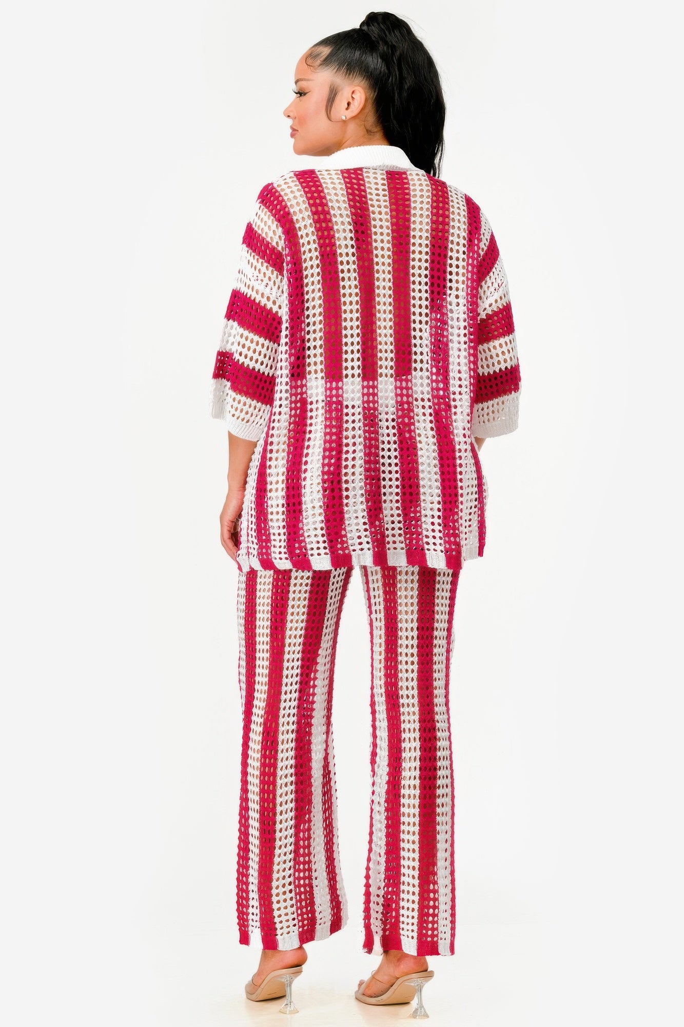 Sheer Stripe Polo Knit Pants Set       