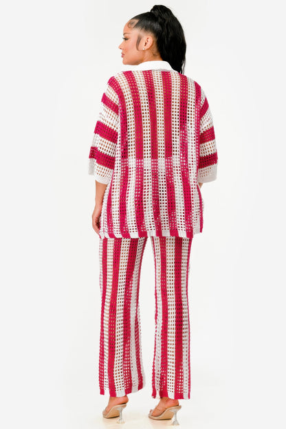 Sheer Stripe Polo Knit Pants Set       