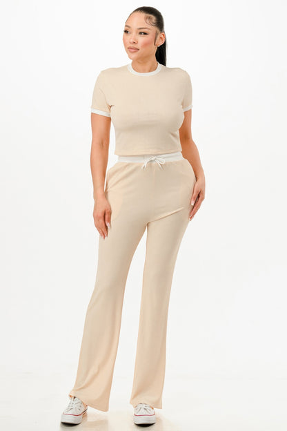 Ribbed Contrast Binding Top And Pants Set          
