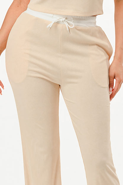 Ribbed Contrast Binding Top And Pants Set          