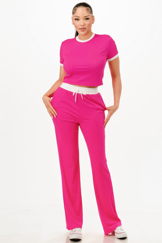 Ribbed Contrast Binding Top And Pants Set          
