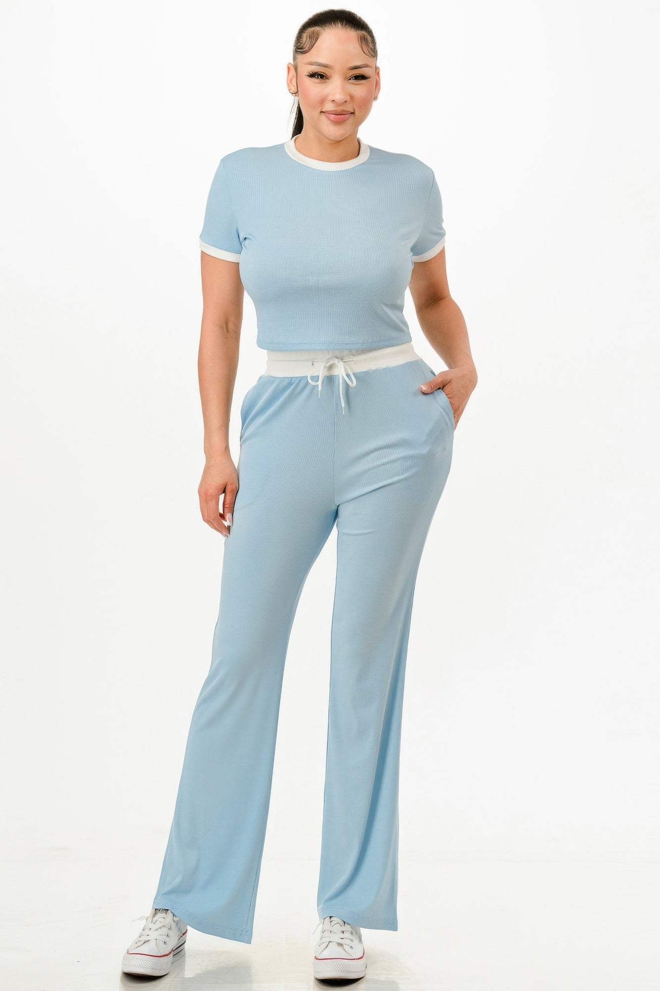 Ribbed Contrast Binding Top And Pants Set          