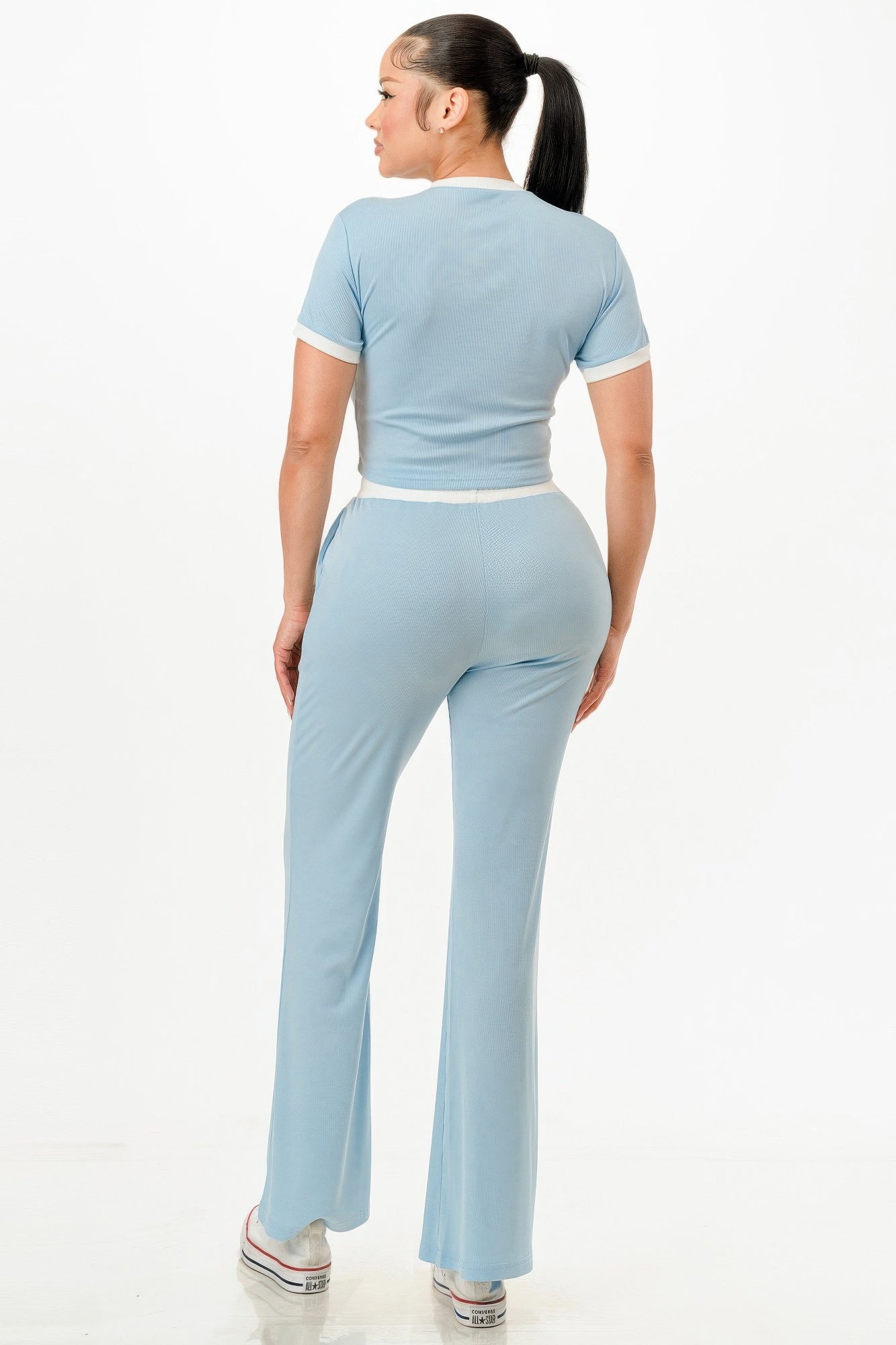 Ribbed Contrast Binding Top And Pants Set          