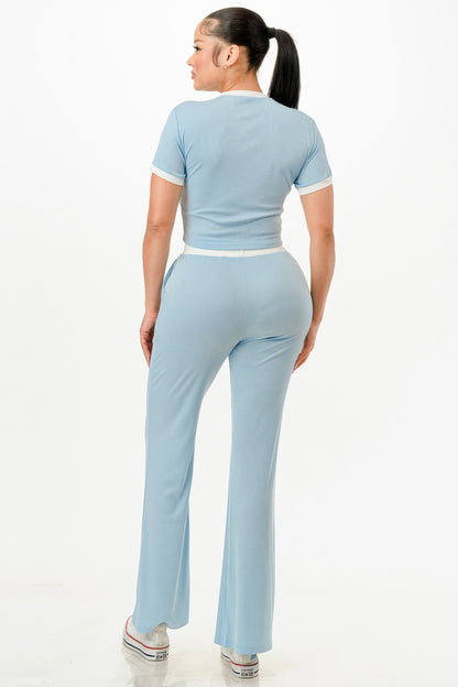 Ribbed Contrast Binding Top And Pants Set          