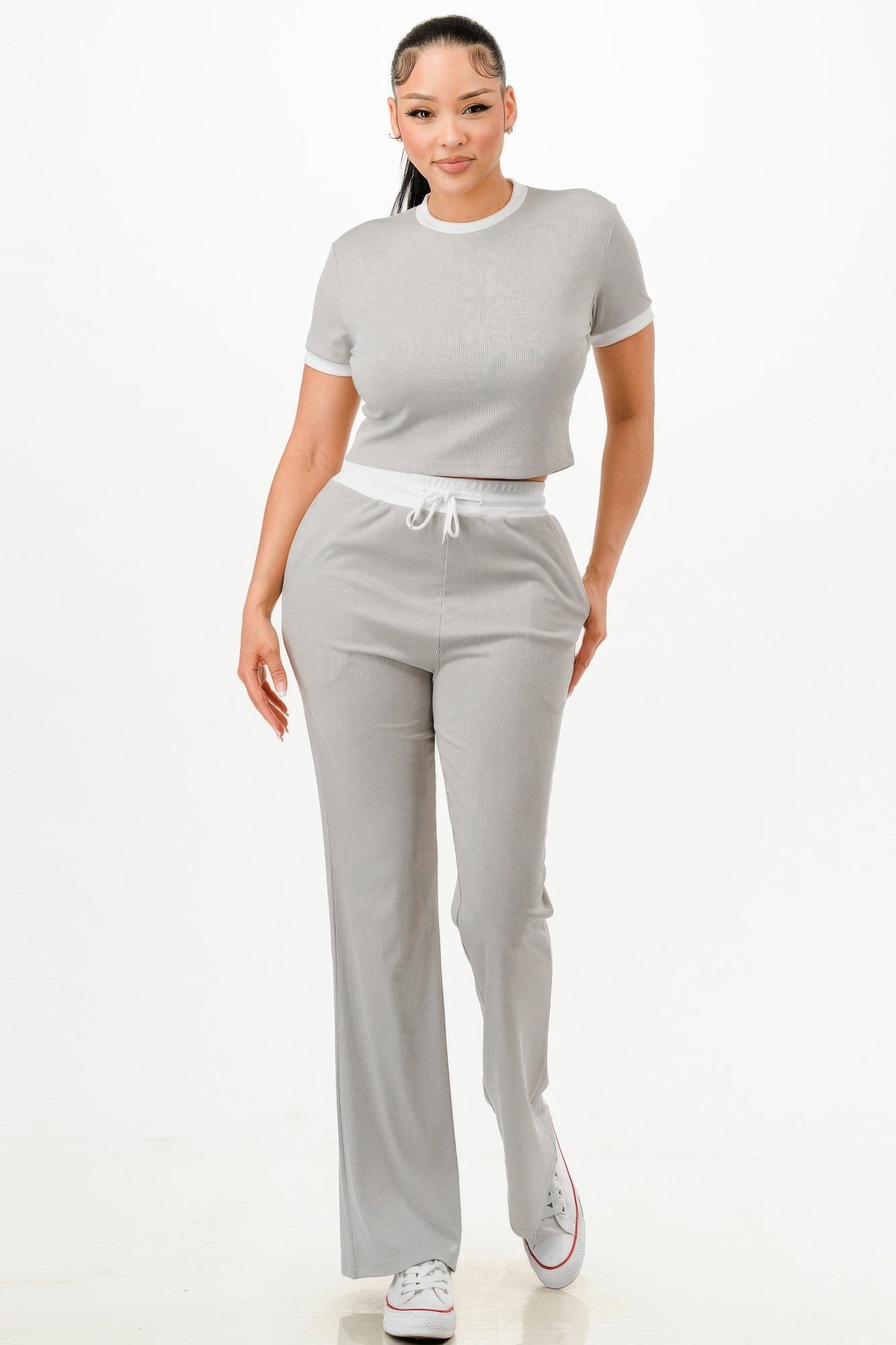 Ribbed Contrast Binding Top And Pants Set          
