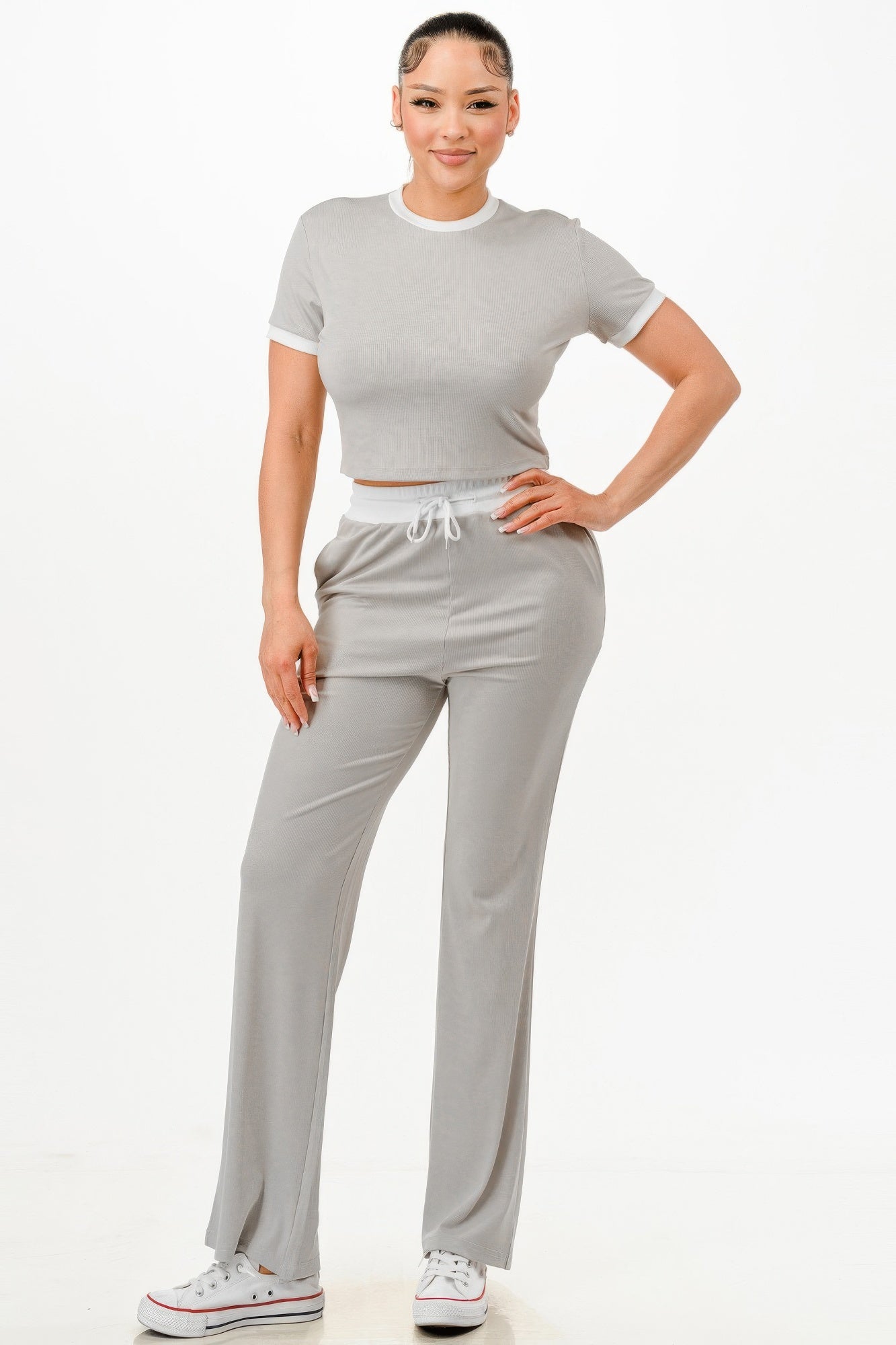 Ribbed Contrast Binding Top And Pants Set          