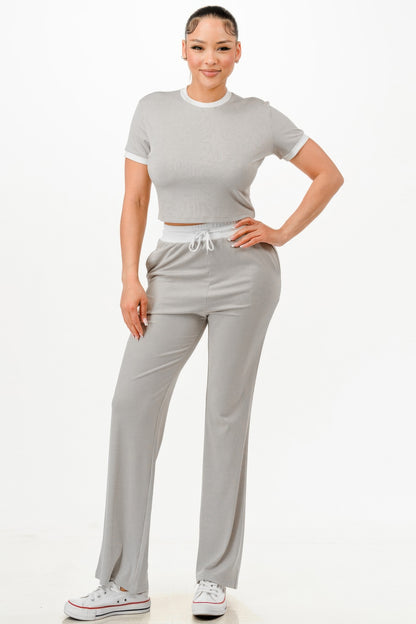 Ribbed Contrast Binding Top And Pants Set          