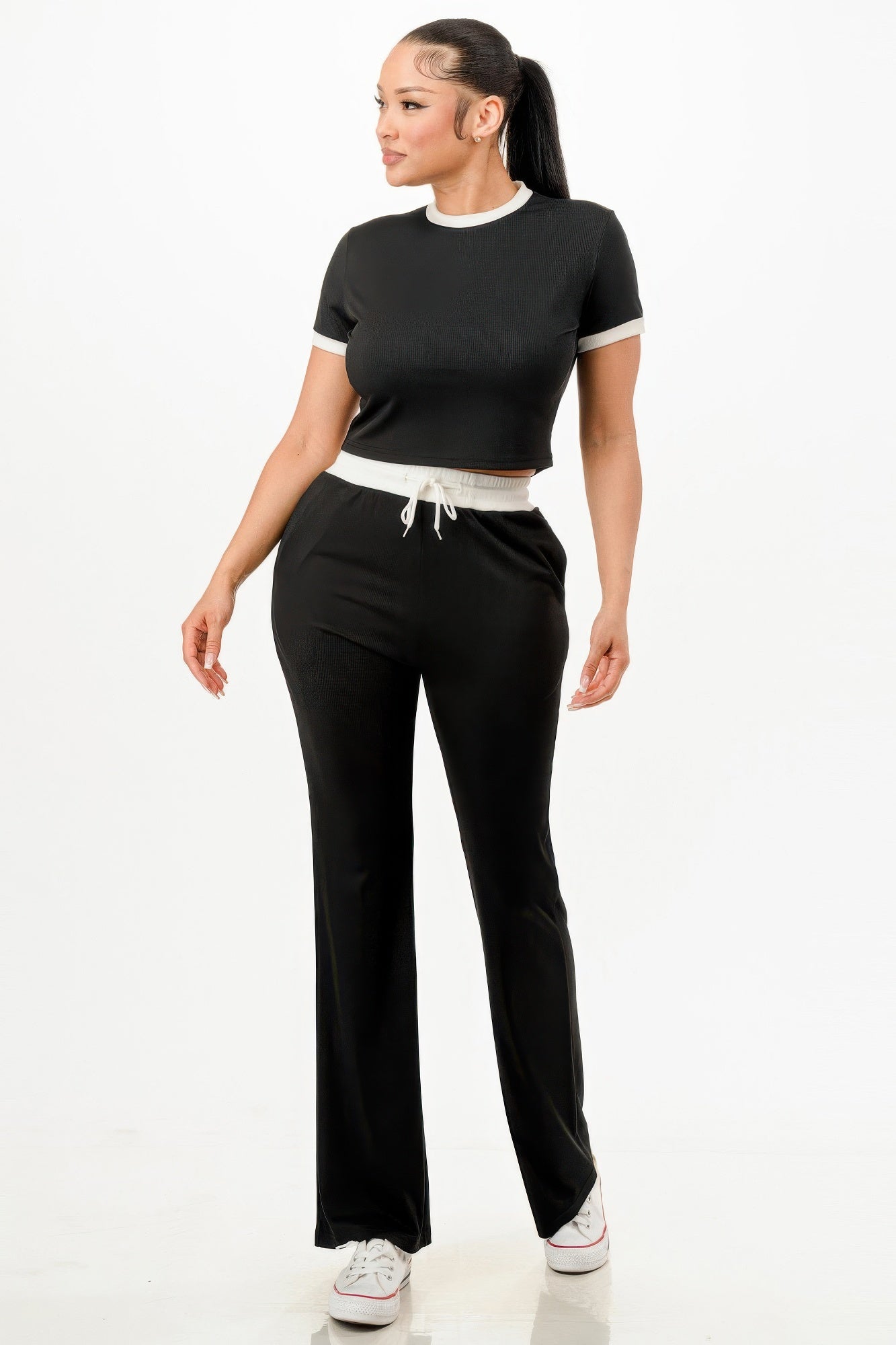 Ribbed Contrast Binding Top And Pants Set          