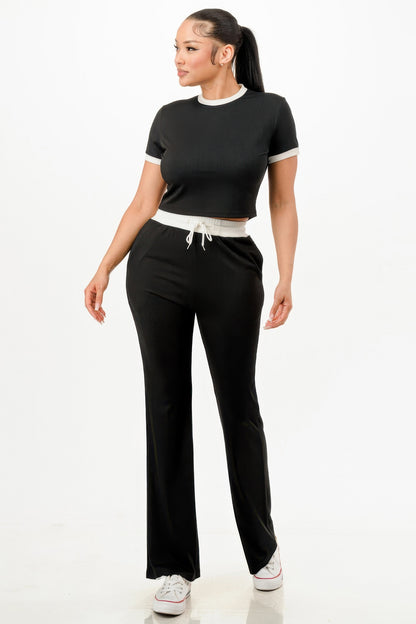 Ribbed Contrast Binding Top And Pants Set          