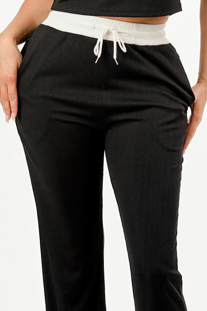 Ribbed Contrast Binding Top And Pants Set          