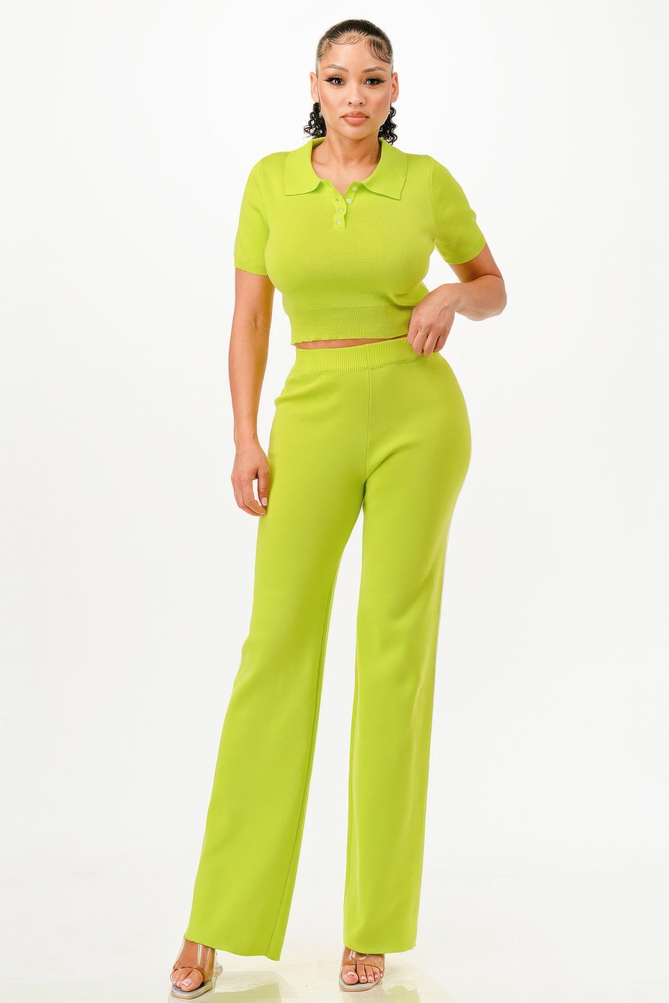 Cropped Polo Sweater Shirt And Pants Set              