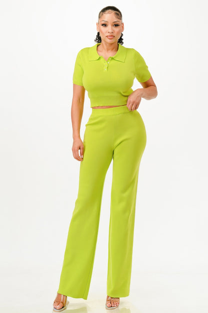 Cropped Polo Sweater Shirt And Pants Set              