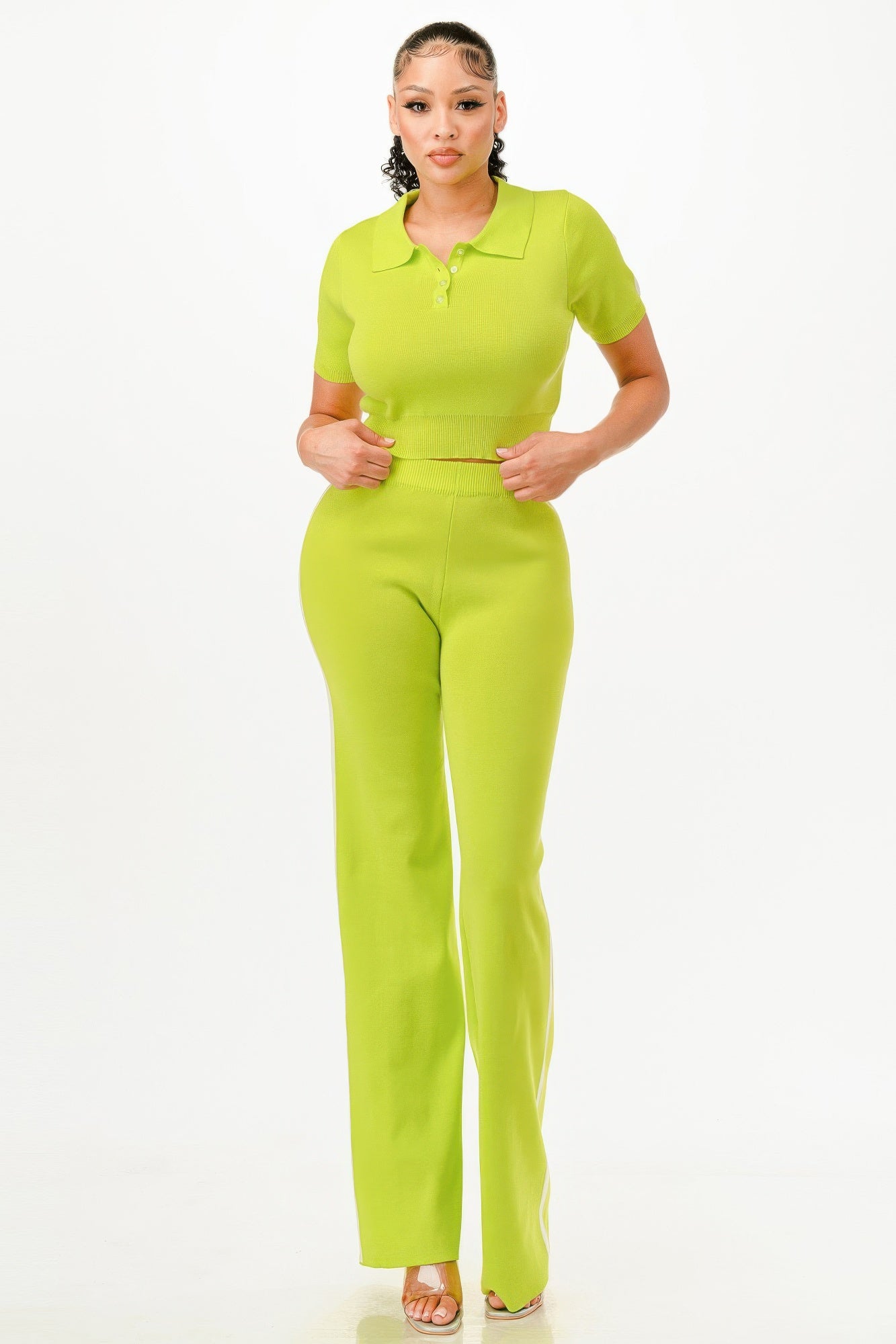 Cropped Polo Sweater Shirt And Pants Set              