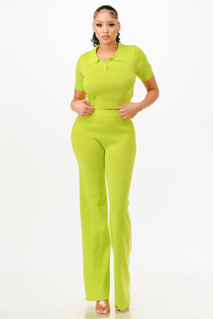 Cropped Polo Sweater Shirt And Pants Set              