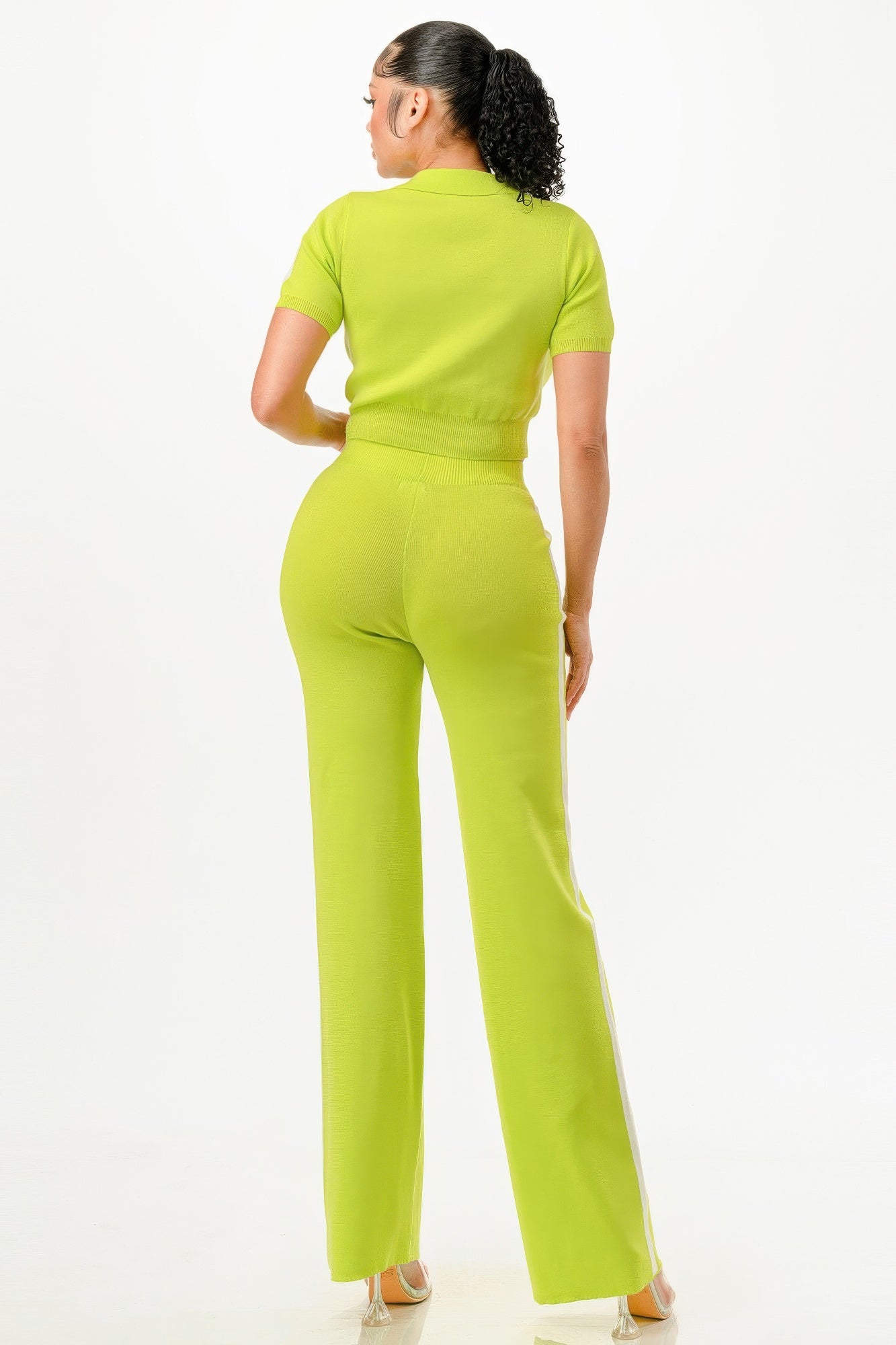 Cropped Polo Sweater Shirt And Pants Set              