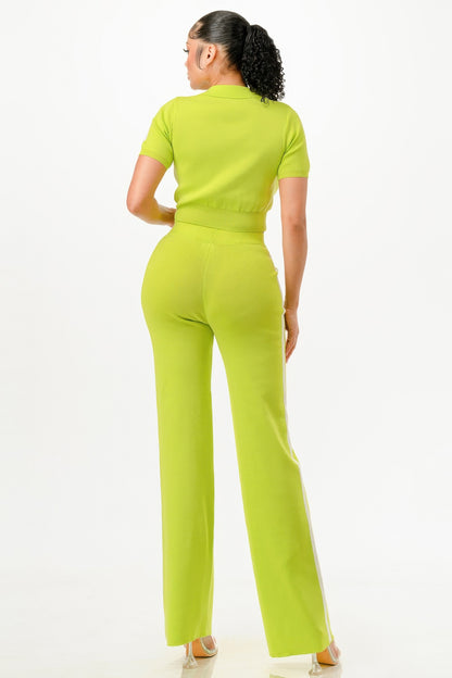 Cropped Polo Sweater Shirt And Pants Set              
