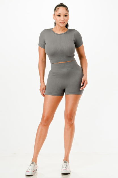 Ribbed Seamless T-shirt And Bike Shorts Set          