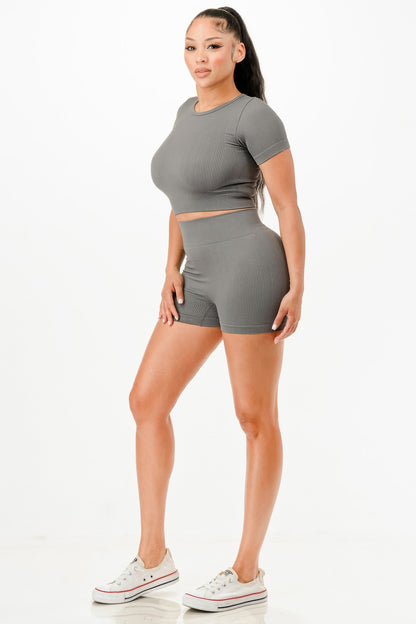 Ribbed Seamless T-shirt And Bike Shorts Set          