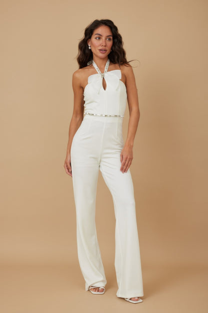 Rhinestone Ribbon Haltered Neck Jumpsuit           