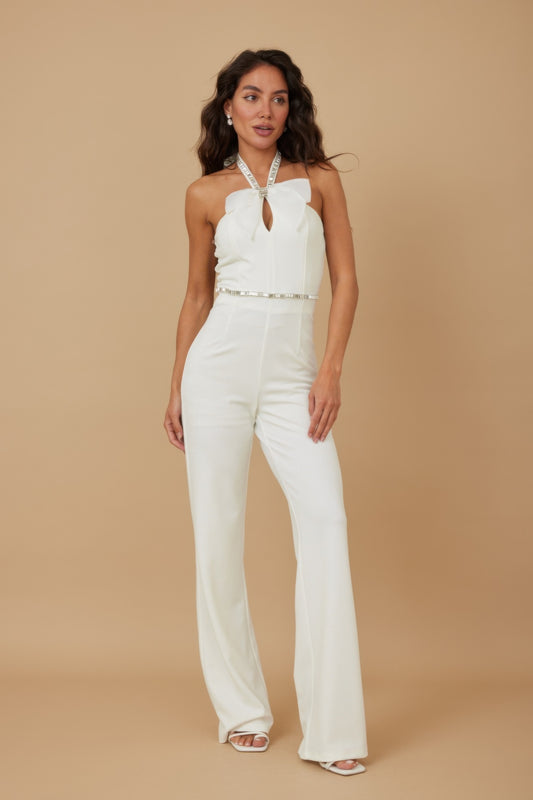 Rhinestone Ribbon Haltered Neck Jumpsuit           